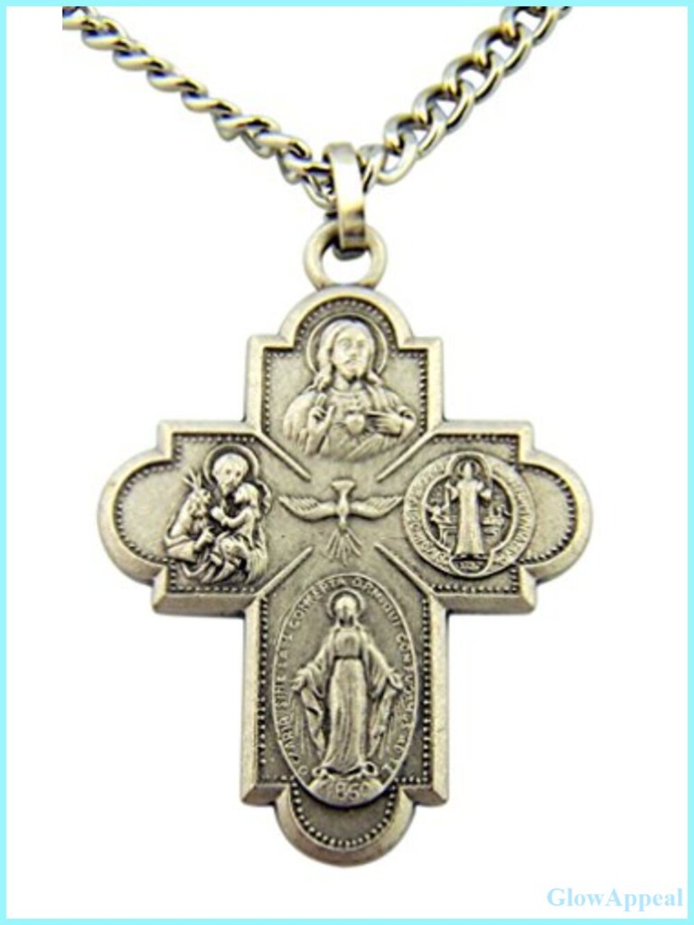 French Nickel Silver Four Way Cross Pendant Necklace 24 Inch Chain